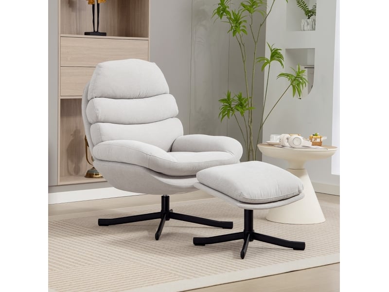  Fauteuil relax pivotant avec pouf, dossier haut et assise large, style moderne en tissu chenille crème  - Conforama B