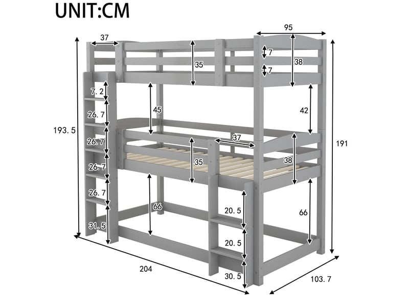 Lit superposé triple enfant 90x200 cm en pin et mdf gris - Conforama C
