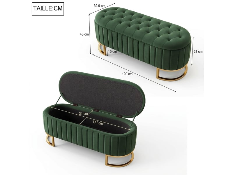  Banc de rangement vert 120x40 cm en velours avec coffre et pieds en métal  - Conforama C