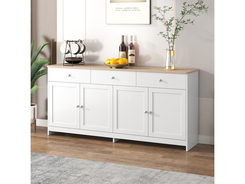  Buffet 160x37x75 cm avec 4 portes et 3 tiroirs, étagères réglables, plateau aspect bois, meuble de rangement pour cuisine, blanc  - Conforama D