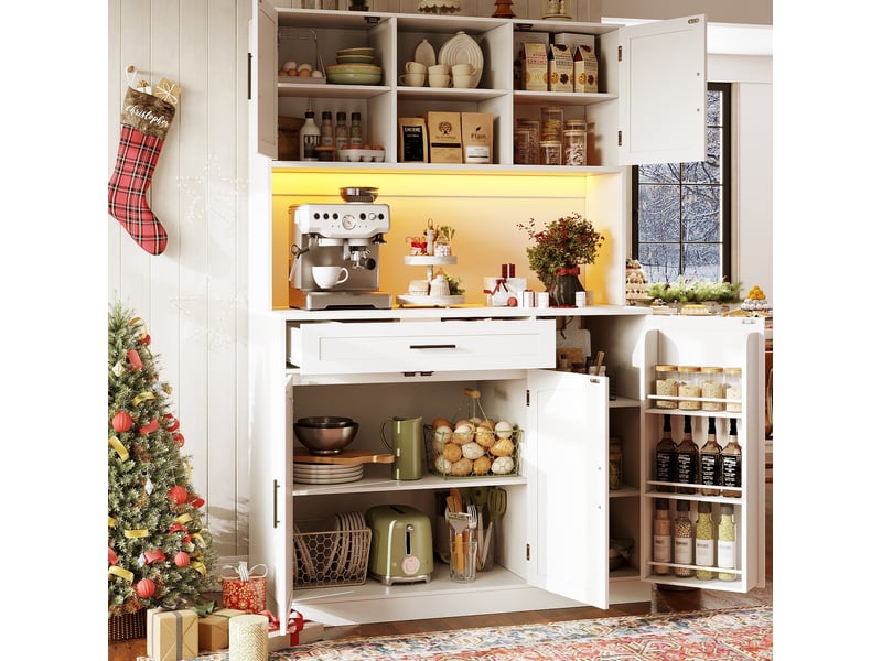  Buffet de rangement 110x38x180 cm, meuble de cuisine, 5 portes, 1 tiroir, avec luminaire éclairage led et prise secteur, mdf+structure en métal, blanc  - Conforama D
