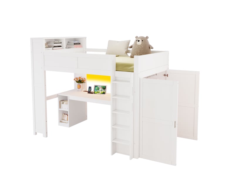  Lit mezzanine 90x200 cm blanc en mdf et bois, bureau, rangements, armoire, usb et éclairage led  - Conforama A