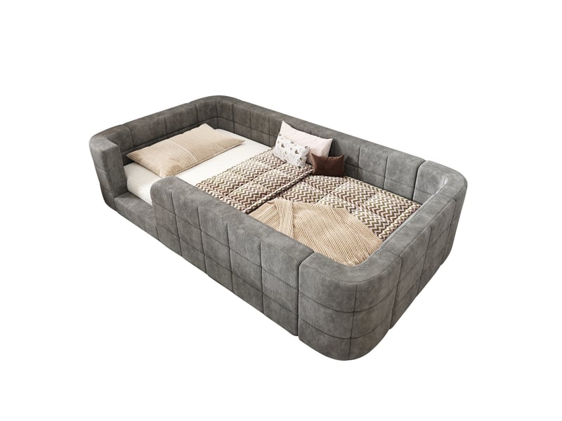  Lit enfant 90 × 190 cm avec barrières rembourrées et entrée, sommier à lattes, en chenille grise, pour chambre d'enfant  - Conforama A