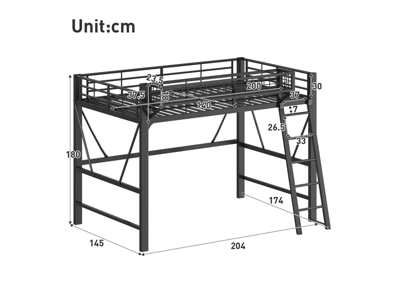  Lit mezzanine 140x200 cm avec panier de rangement métal led noir  - Conforama C