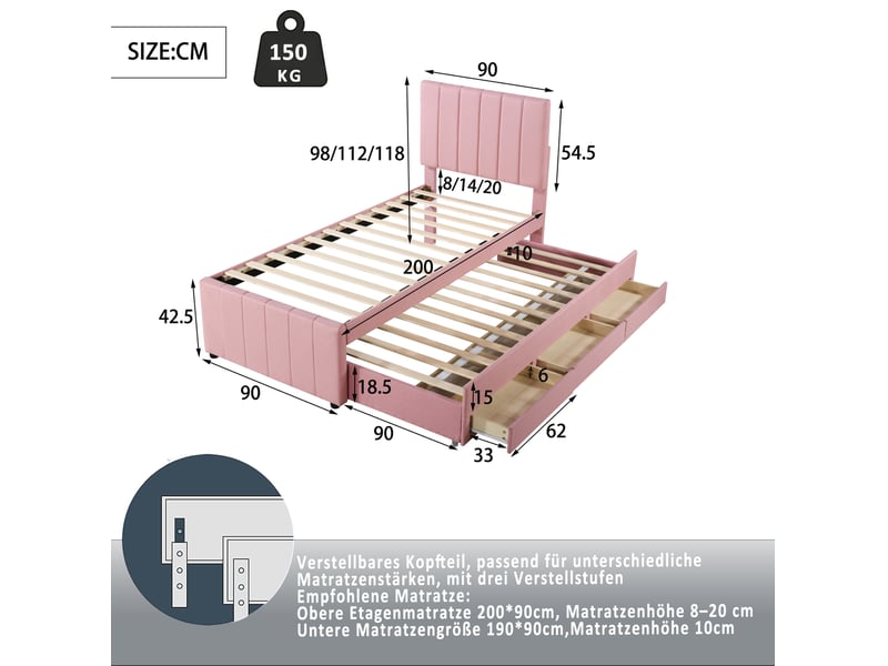  Lit gigogne rembourré 90x200 cm avec 3 tiroirs, revêtement coton et lin, rose  - Conforama E