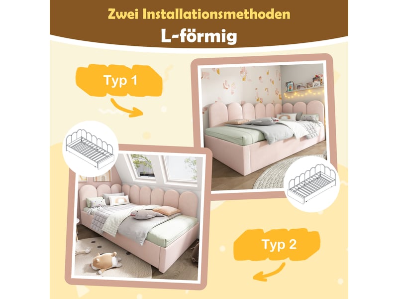  Lit banquette enfant 90x200 cm velours rose - lit gigogne 90x190 intégré, sans matelas  - Conforama D