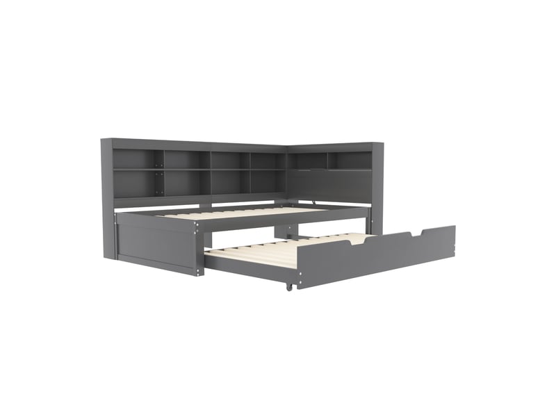  Lit banquette en bois massif 90*200 cm gris, lit gigogne 90*190, usb et rangements intégrés  - Conforama A
