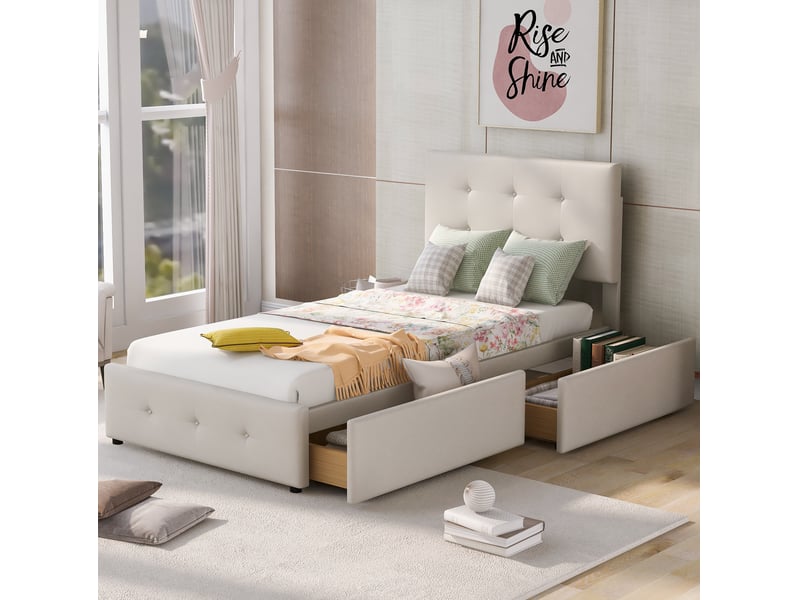  Lit simple rembourré 90x200 cm avec rangement, velours beige  - Conforama D