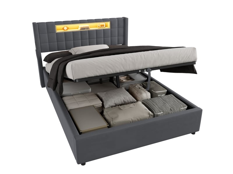 Lit coffre 2 places 140 × 200 cm avec led réglable, 2 usb, port type c et rangement, sans matelas, gris foncé - Conforama A