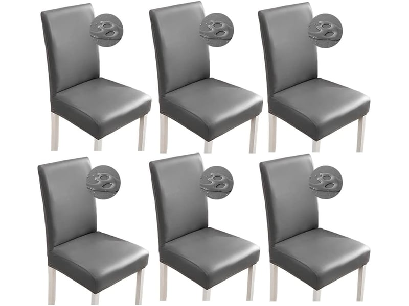  Lot de 6 housses de chaise en cuir synthétique – imperméables et extensibles, gris  - Conforama A