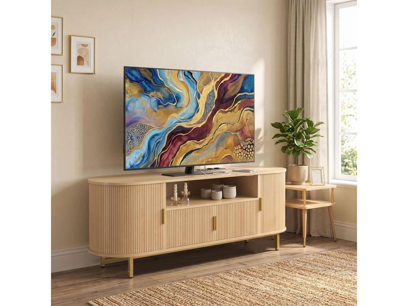  Meuble tv design ovale effet bois clair métal doré 2 portes coulissantes  - Conforama B