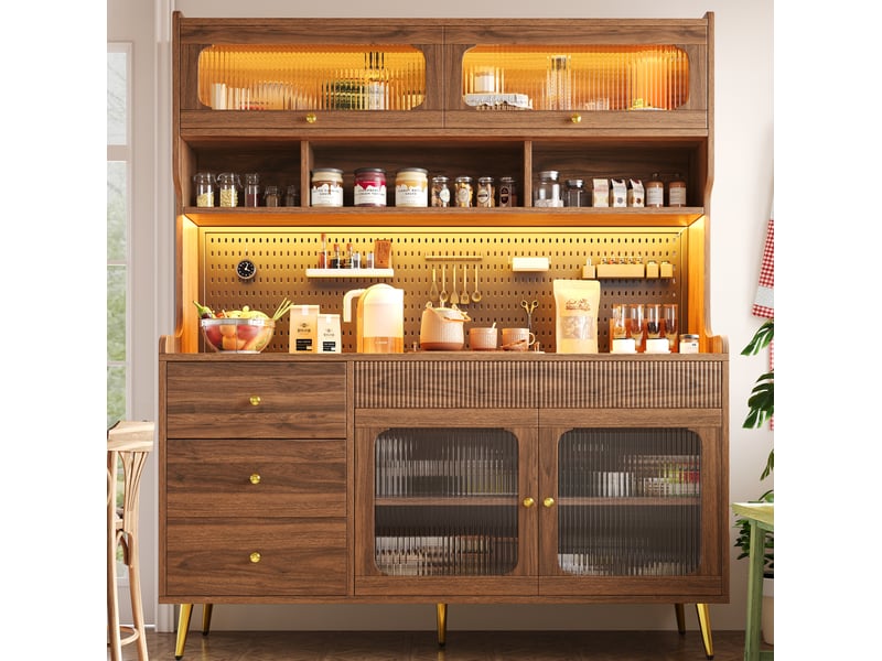 Buffet haut led avec contrôle via application, 145x39x171 cm, coloris noyer evryae - Conforama B