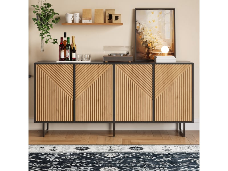  Buffet 4 portes noir et bois naturel 160x40x75 cm, meuble tv salon avec 3 pieds, design moulé sous vide  - Conforama B