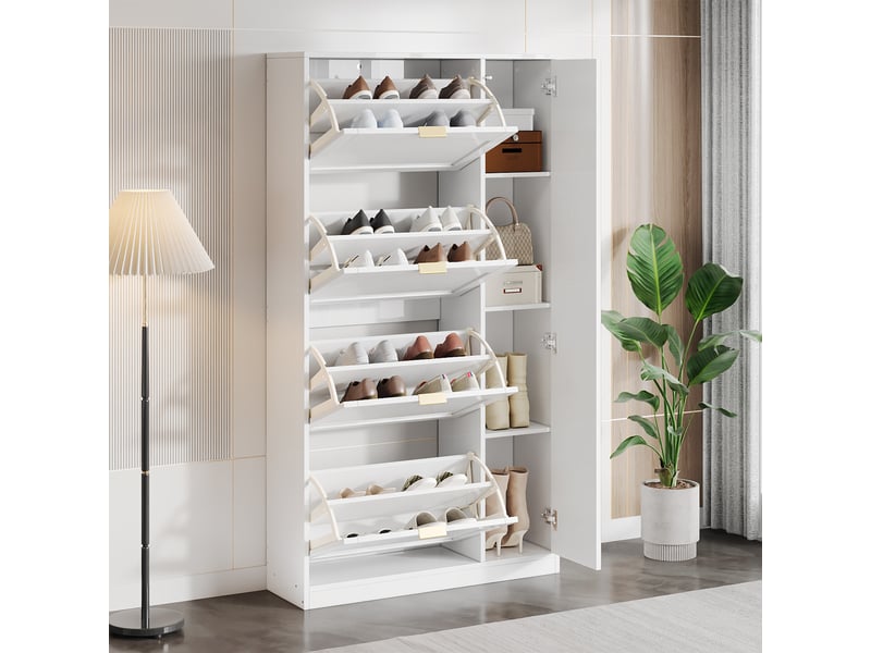  Meuble à chaussures 80x24x147 cm avec miroir, 4 abattants et étagères réglables, rangement gain de place - Blanc Fay Lum - Conforama D