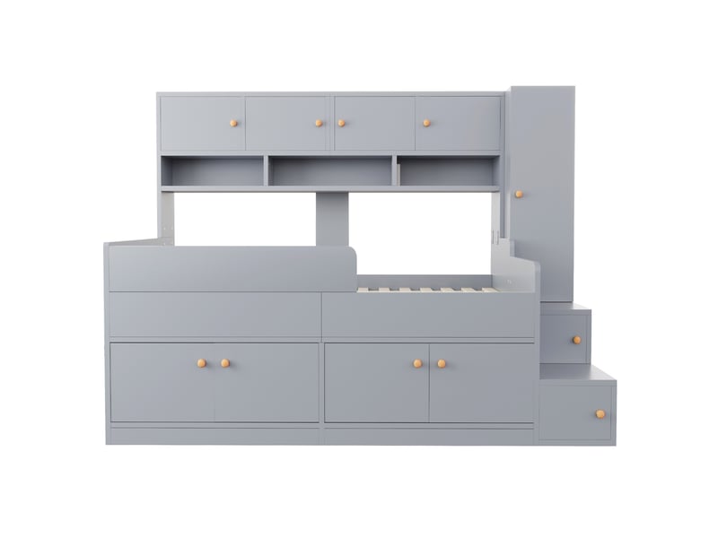 Lit enfant 90×200 cm avec rangements, armoire, échelle et led, gris - Conforama A