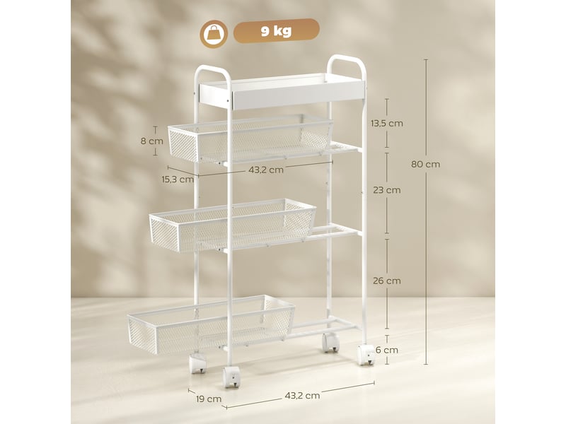  Desserte à roulettes à 4 niveaux 3 paniers coulissants métal blanc 19 x 43,2 x 80 cm  - Conforama C