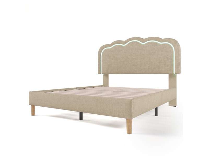  Lit double 140 x 200 cm avec tête de lit réglable, lit enfant avec led, lit 2 personnes avec cadre de lit en bois, tissu en lin  - Conforama W