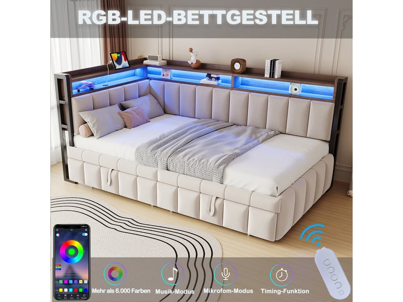  Lit banquette gigogne 90x200cm avec couchage extractible, rangements en tête et au pied, éclairage led, ports usb et type-c, velours,beige evarich - Conforama D