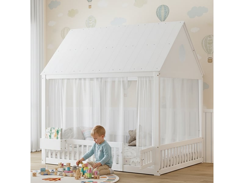  Lit cabane enfant 140×200 cm avec rideaux et niche de rangement  - sans matelas, bois - blanc  - Conforama C