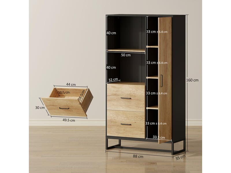  Buffet de cuisine moderne avec 2 tiroirs, 2 étagères et un placard, 88 x 35 x 160 cm, bois et noir  - Conforama E