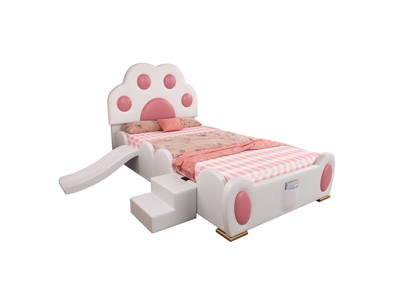  Lit jeune 90x200 cm avec tête de lit en patte de chat, toboggan et échelle 2 marches, pu, blanc et rose, sans matelas  - Conforama A