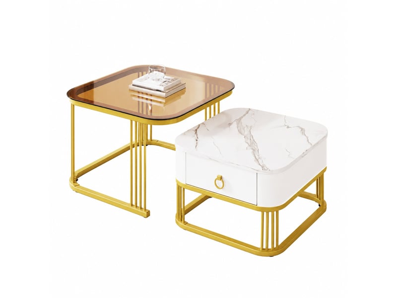  Tables basses gigognes avec tiroirs pour salon en mdf 60×60×44,5 et 50×50×34,5 cm blanc et or  - Conforama A