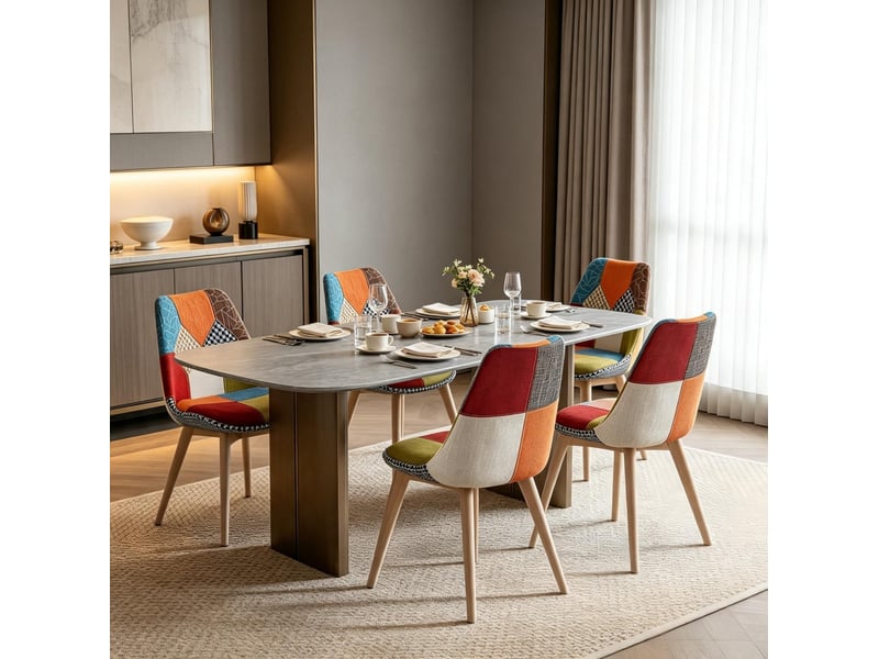  Lot de 4 chaises de salle à manger multicolores en tissu en lin avec pieds en bois  - Conforama C