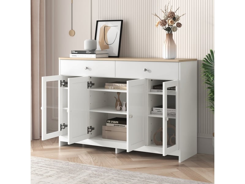  Buffet, meuble de rangement, 120 x 37 x 80 cm, avec 4 portes, 2 tiroirs, porte vitrée, pour salon, salle à manger, blanc  - Conforama D