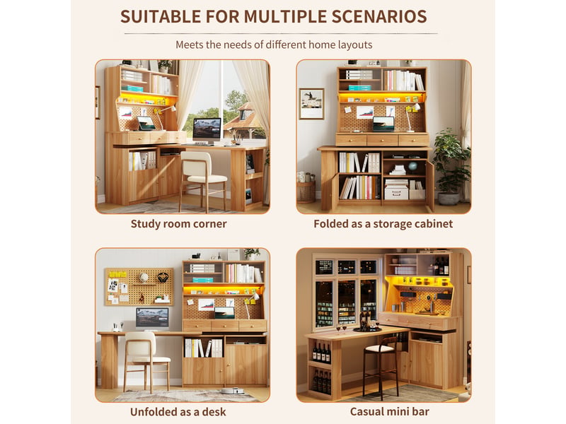  Armoire haute avec bureau intégré, led et usb - lpospi - portes vitrées, mdf naturel 137×74×177,7 cm  - Conforama E