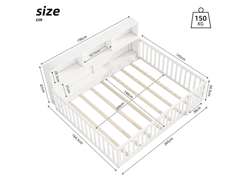 Lit banquette enfant 140x200 cm avec sommier, rangement et barrières, blanc  - Conforama C