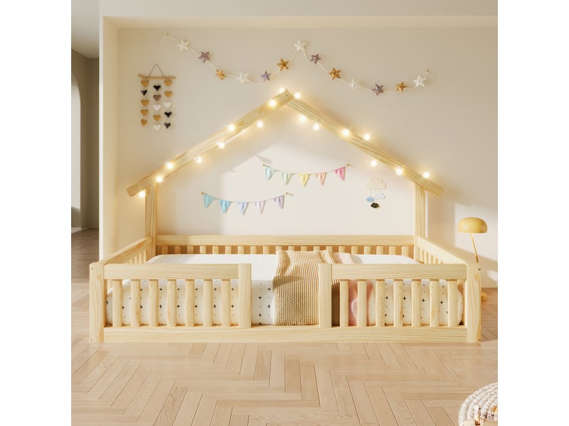  Lit cabane 90x200 cm en bois naturel - lit au sol avec barrière et guirlande lumineuse led  - Conforama B