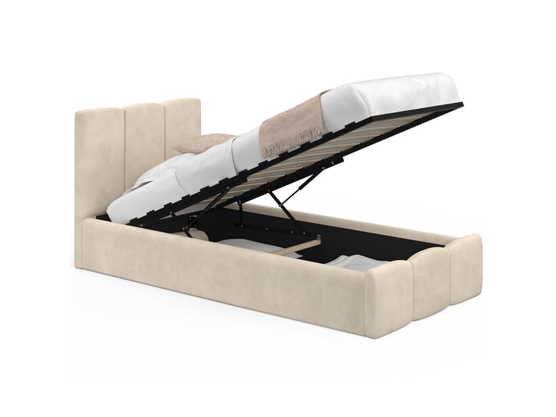  Lit coffre simple nuage avec tête de lit matelassée et sommier 90 x 190 cm velours beige  - Conforama A