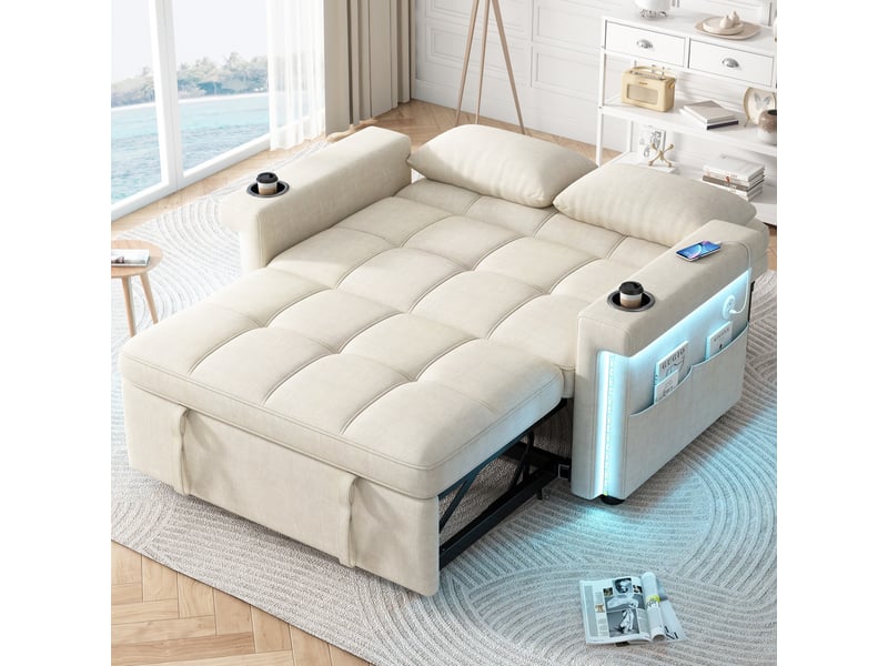  Canapé 2 places - 145x141.5x90cm - canapé convertible lit en chenille avec led rgb, ports usb &amp; porte-gobelets - beige  - Conforama D