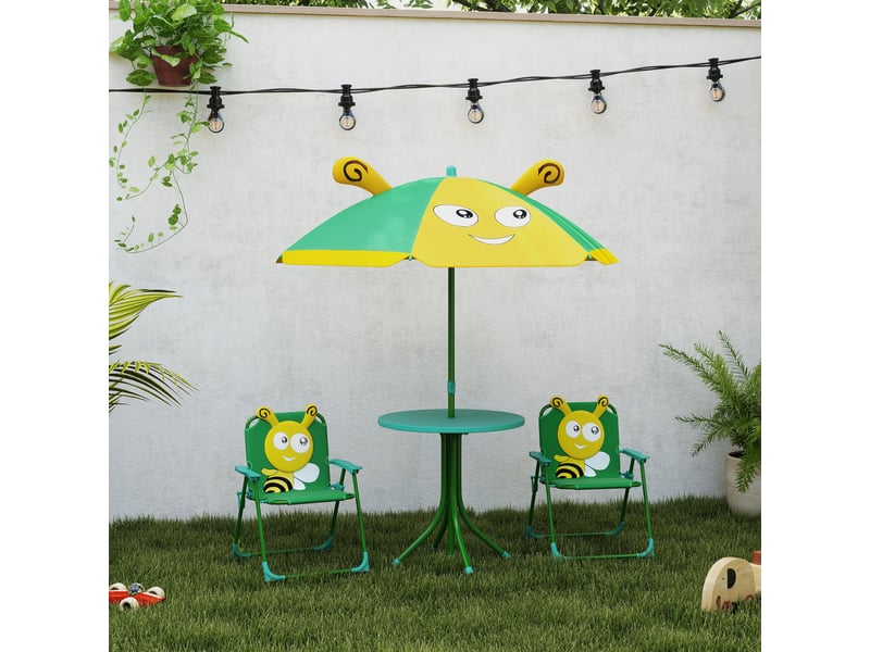  Ensemble de mobilier de jardin pour enfants, chaises, table, parasol, motif abeille, vert et jaune  - Conforama C