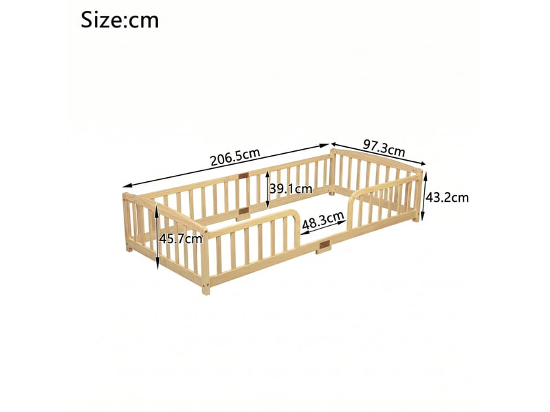  Lit au sol enfant 90x200 cm en bois de pin naturel avec barrières de sécurité  - Conforama C