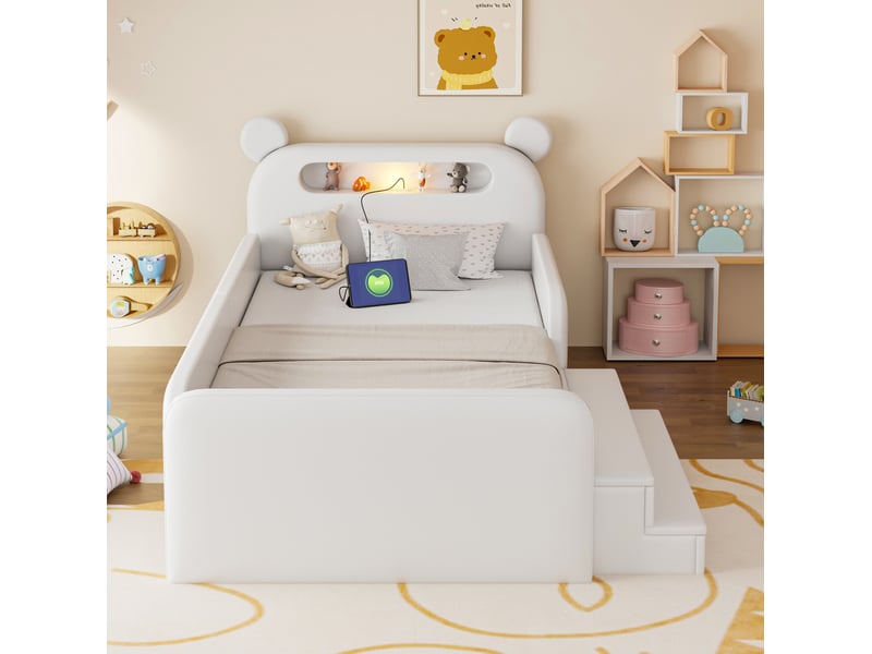  Lit enfant 90x200 cm avec tête de lit décorative, rangement et veilleuse usb, polyuréthane, couleur blanc, sans matelas  - Conforama D