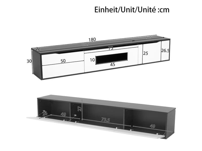 Meuble tv modenvie 180 x 35 x 30 cm noir et blanc led usb à poser ou mural - Conforama C