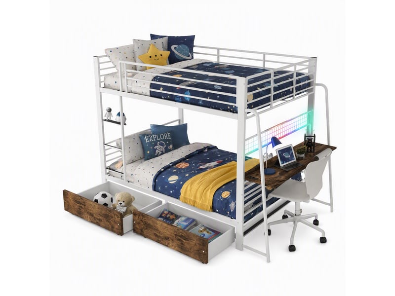 Lit mezzanine 140 x 200 cm, lit avec bureau, 2 tiroirs, bureau intégré, éclairage led, ports usb et usb-c, barrières de sécurité, métal, blanc - Conforama A