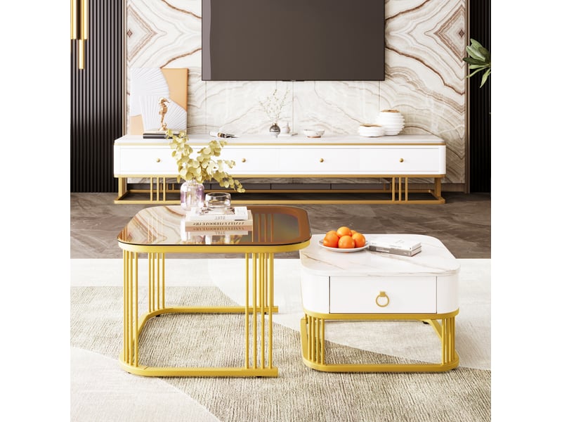  Tables basses gigognes ulevr 2 pièces avec tiroir, plateau verre brun et effet marbre brillant, mdf blanc et or  - Conforama E