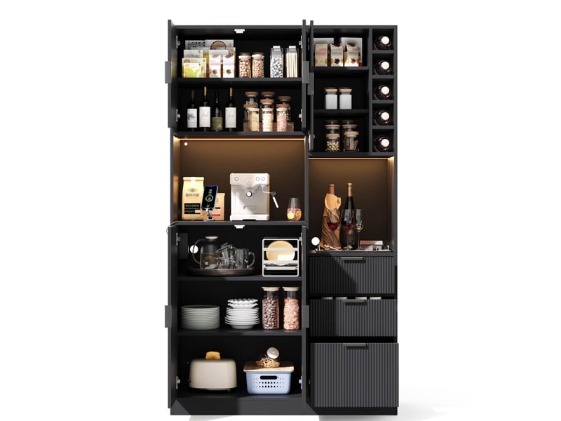  Buffet de cuisine haut avec 3 tiroirs, étagères réglables, range-bouteilles, led et prises, noir, 105 × 40 × 180 cm  - Conforama A