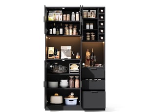 Buffet de cuisine haut avec 3 tiroirs, étagères réglables, range-bouteilles, led et prises, noir, 105 × 40 × 180 cm