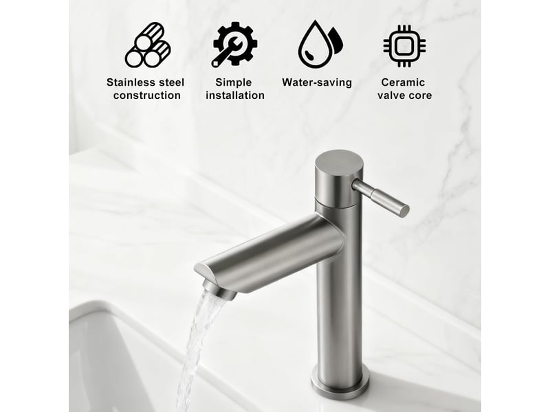 Robinet de salle de bain (1 pièce), mitigeur d'eau froide en acier inoxydable, convient aux lavabos monotrou, facile à installer  - Conforama C