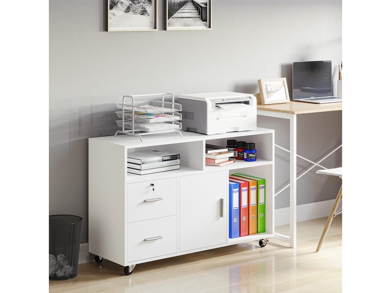  Support imprimante mobile à roulettes, 2 tiroirs verrouillables, 3 étagères, placard, rangement bureau, 100 x 35 x 65 cm, blanc  - Conforama C