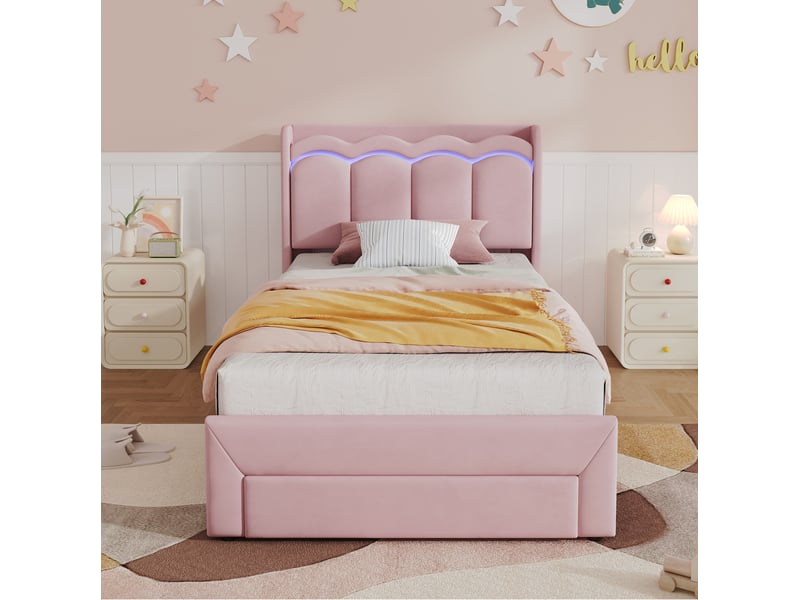  Lit enfant 90x200 cm avec 1 tiroir et led, tête de lit, mdf et métal, velours couleur rose, sans matelas, moderne  - Conforama D