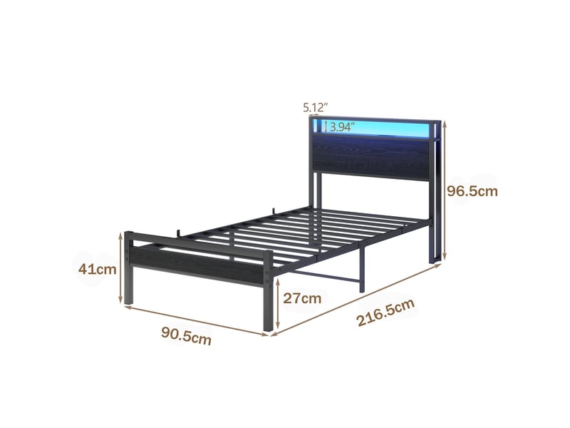  Lit simple 90x200, noir, mdf et métal, doté de prise, usb type-c, tête de lit 2 niveaux et rangement, sans matelas  - Conforama C