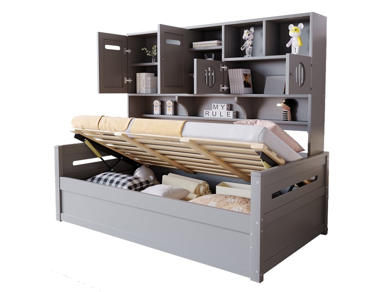 Lit banquette 90 x 200 cm en bois avec rangement hydraulique et tête de lit, gris - Conforama A