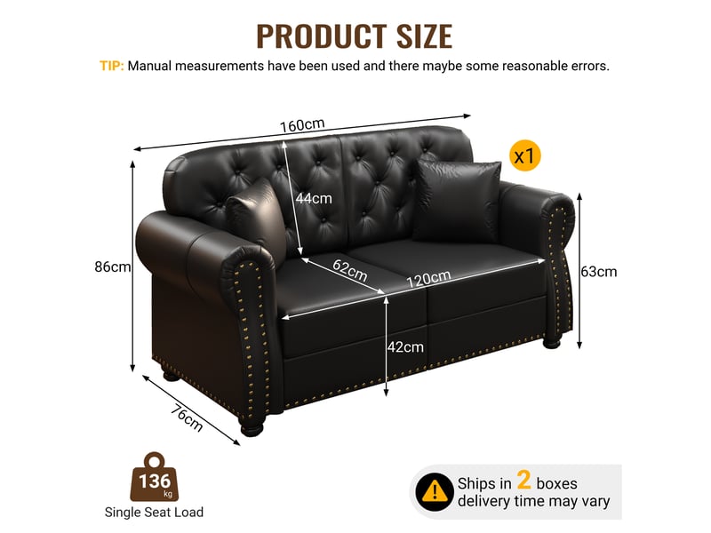  Canapé chesterfield 2 places en simili cuir noir, 160 cm Fay Lum - Conforama C