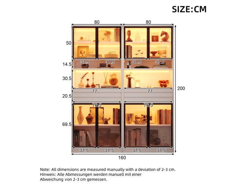  Lot de 2 vitrines 160 x 35 x 200 cm avec led rgb et 8 portes vitrées homvra  - Conforama E