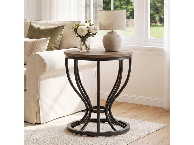  Table d'appoint ronde (50 cm) au design industriel, avec plateau en bois et structure en métal – petite table basse ou table de chevet pour salon, chambre ou balcon  - Conforama B