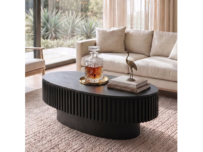  Table basse ovale avec rangement caché, mdf et placage bois, noir mat, 98 x 60 x 35 cm  - Conforama C